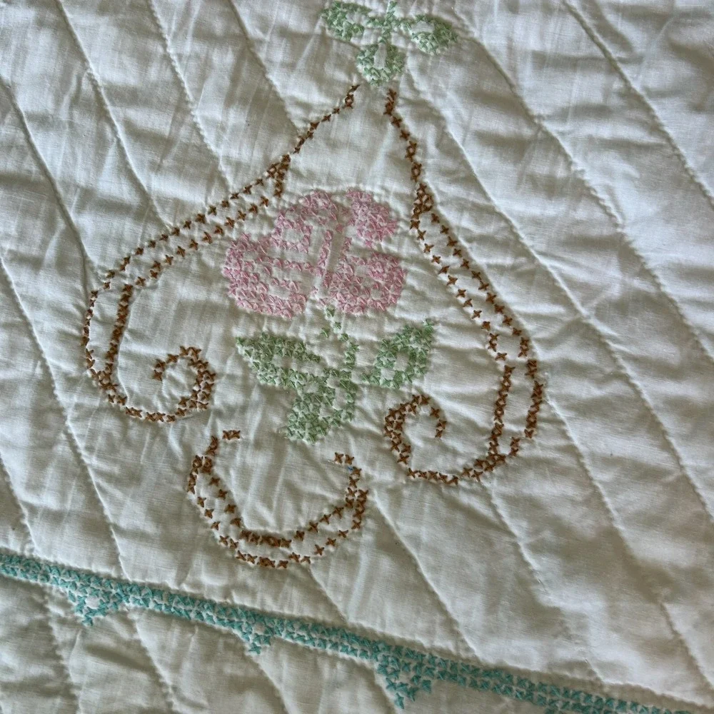 Vintage Quilt Cross Stitch Queen Double Floral Blanket Pink White 86 x 83 Read